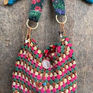 Velvet floral print small boho handbag vintage fabric