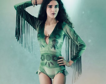 Fringed velvet bodysuit festival costume