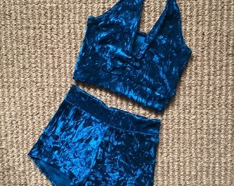 Velvet shorts and crop halter top set pole festival rave trapeze