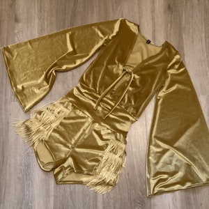 Velvet Co ord set fringed shorts and flared sleeve top