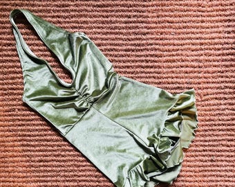 green velvet bodysuit halter neck ruffle trim