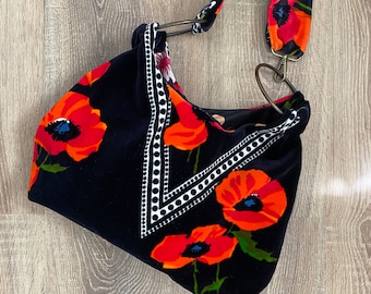 poppy print velvet shoulder bag small vintage fabric