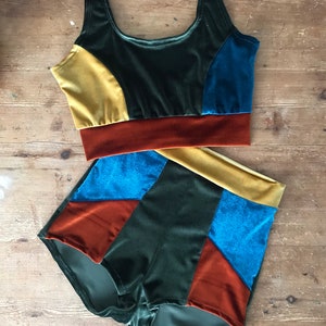 Velvet shorts and velvet bra set in block colour