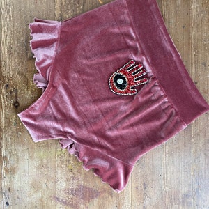 Velvet high waist ruffle shorts with diamanté hand print image 2