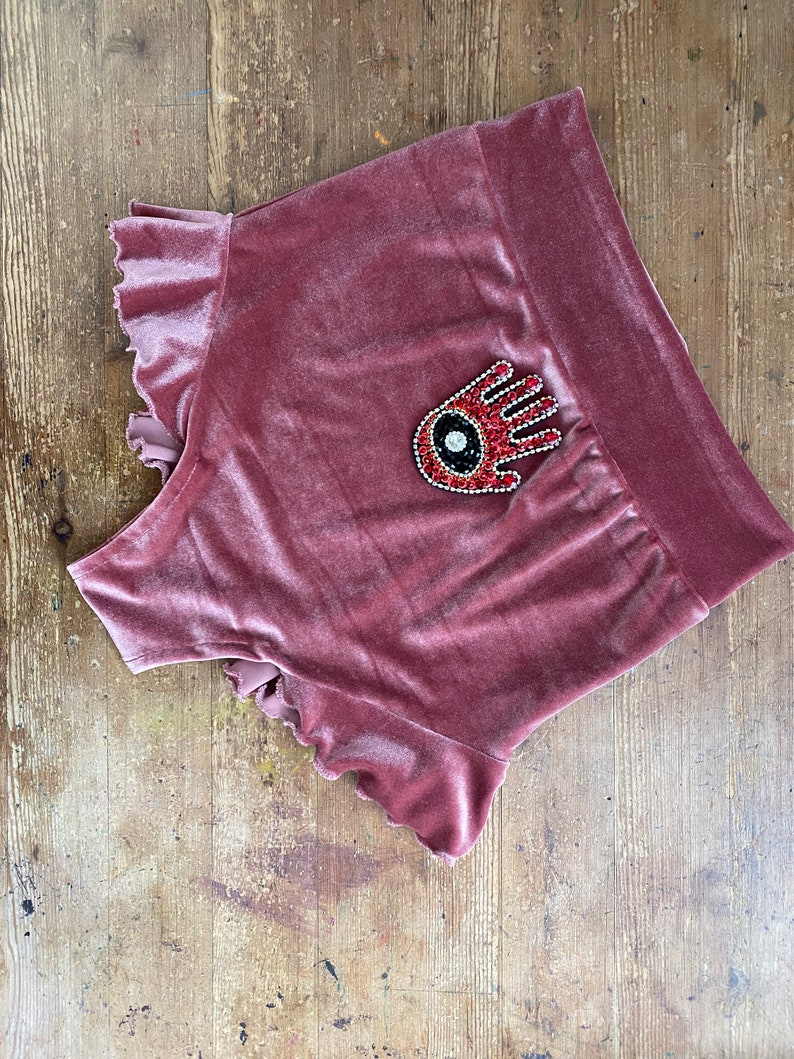 Velvet high waist ruffle shorts with diamanté hand print image 2