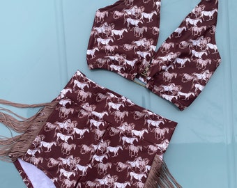 Hoge taille bikini met paardenprint en franjes