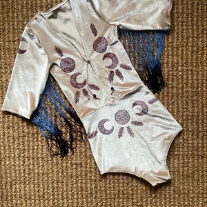 Bodysuit velvet boho moon print fringed festival