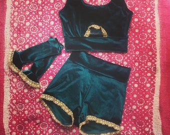 Velvet aerial trapeze circus costume shorts crop bralette top