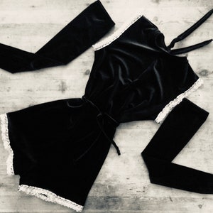 Black velvet bodysuit with silver lace and arm warmers