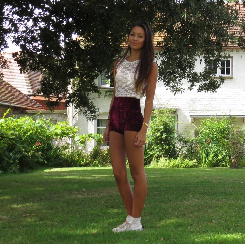 Wine red crushed velvet shorts high waisted hot pants image 3