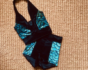 Velvet dragon scale shorts and crop top set festival pole aerial