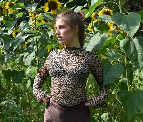 Leopard Print Mock Neck Sheer Mesh Crop Top