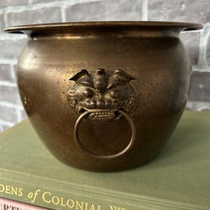 May include: Antique bronze-colored metal bowl with a decorative lion's head and ring handle. The bowl has a wide rim and a rounded body. The lion's head is centered on the bowl's side. The bowl is sitting on top of a stack of books.