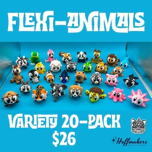 May include: A collection of twenty small, colorful, articulated animal figurines labeled FLEXI-ANIMALS VARIETY 20-PACK. The set includes various creatures like a frog, elephant, turtle, and axolotl, each featuring large eyes and distinct color patterns.
