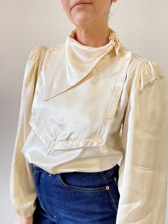 70s Ivory Small Sateen Bib Blouse with Balloon Sl… - image 2