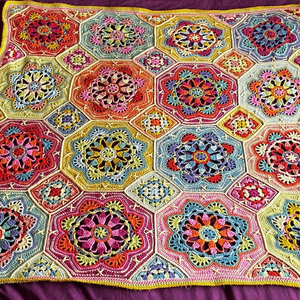 Persian Tiles Crochet Blanket – Handmade Colourful Floral Throw, Intricate Afghan, Heirloom Style