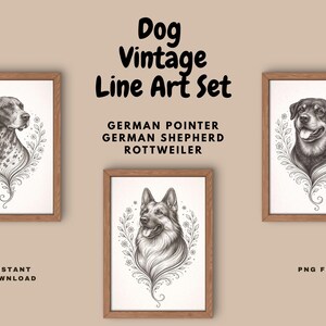 Könnte beinhalten: Ein Set mit drei gerahmten Hundeporträts im Vintage-Line-Art-Stil. Die Illustrationen zeigen einen Deutsch Drahthaar, Deutschen Schäferhund und Rottweiler. Jede Zeichnung ist in Schwarzweiß mit floralen Details gehalten. Der Text "Instant Download" ist ebenfalls sichtbar.