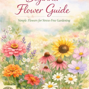 Puede incluir: Una ilustración en acuarela de un jardín con flores rosas, naranjas, amarillas y blancas. El texto dice Beginner Flower Guide, Simple Flowers for Stress-Free Gardening y Christian Way Home Grown Farm: Síganos para más guías.