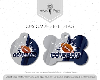 Placa de identificación para mascotas de los Dallas Texas Cowboys: Go Big D, Lone Star, diseño de fútbol americano azul y plateado, placa personalizada para perro, identificación para gato, metal de doble cara
