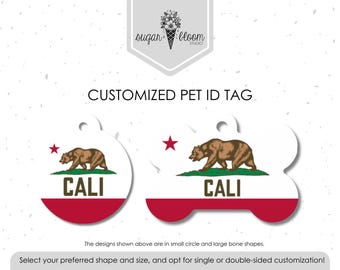Placa de identificación para mascotas con la bandera del estado de California, placa para perros Cali Bear, identificación personalizada para mascotas, placa para perros personalizada, placa de identificación para gatos, roja y blanca, placa metálica de doble cara