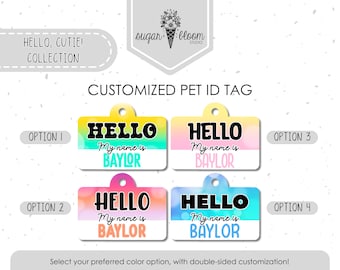 Hola, mi nombre es [Nombre de la mascota], placa de identificación para perros con degradado brillante, placa personalizada para mascotas, identificación personalizada para perros y gatos, placa metálica de doble cara.