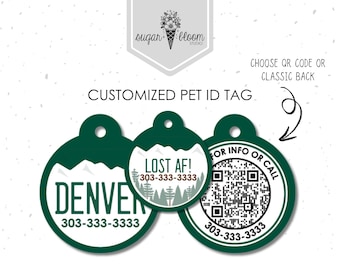 Placa de identificación para mascotas con diseño de montañas verdes y blancas de Colorado, placa personalizada para perros, placa de identificación personalizada para gatos, placa metálica de doble cara.