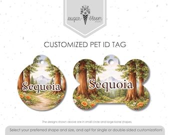 Placa de identificación para mascotas con diseño de secuoya y árbol de montaña, personalizada para perro o gato, de metal de doble cara.