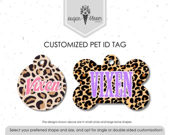Placa de identificación para mascotas con estampado de leopardo rosa, placa personalizada para perros, placa de identificación para gatos, placa personalizada para mascotas, estampado de guepardo, placa metálica de doble cara
