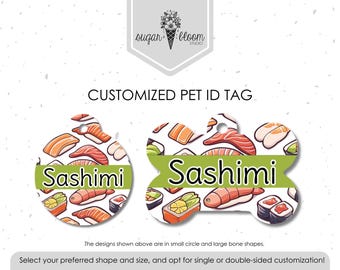 Placa de identificación para mascotas con diseño de sushi, placa personalizada para perros, placa de identificación personalizada para gatos, diseño de rollo de atún sashimi y sopa de miso, placa metálica de doble cara para collar.