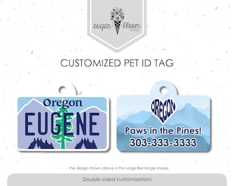 Placa de identificación para mascotas con diseño de matrícula de Oregón, placa para perros con diseño de pino de montaña, identificación personalizada para mascotas, placa personalizada para gatos, placa metálica de doble cara para collar.