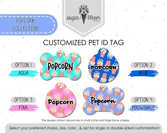 Etiqueta de identificación para mascotas con diseño de palomitas de maíz de cine, etiqueta para perros rosa y azul, etiqueta para comida, etiqueta de identificación personalizada para perros y gatos, metal de doble cara