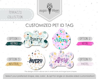 Placa de identificación para mascotas en terrazo pastel: moderna, colorida, neón o neutra, placa personalizada para perros, identificación personalizada para gatos, diseño femenino, metal de doble cara.