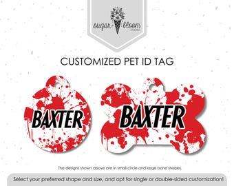Placa de identificación para mascotas con salpicaduras de sangre: placa personalizada para perro o gato inspirada en la escena del crimen, placa metálica personalizada con temática forense, de doble cara.