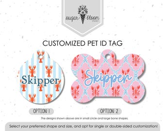 Placa de identificación para mascotas con diseño de langosta, placa náutica para perros, diseño de celosía a rayas costeras, placa de identificación personalizada para perros y gatos, metal de doble cara.