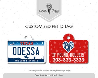 Placa de identificación para mascotas con forma de placa de Texas, placa personalizada para perros, placa de identificación personalizada para gatos, roja, blanca y azul, placa metálica de doble cara para mascotas.