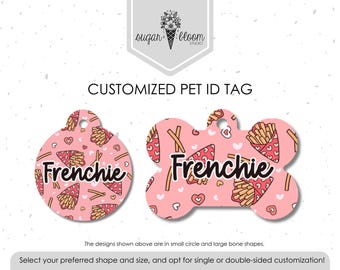 Etiqueta de identificación para mascotas con diseño de papas fritas rosas, linda etiqueta para perros con diseño de papas fritas, etiqueta de identificación personalizada para gatos, etiqueta personalizada para mascotas, diseño de comida kawaii, etiqueta metálica de doble cara