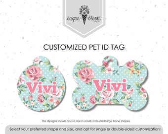 Placa de identificación personalizada para mascotas estilo Cottagecore, placa para perro con estampado floral de rosas y lunares, placa de identificación personalizada para gatos, metal de doble cara, placa estilo campestre en tonos pastel.