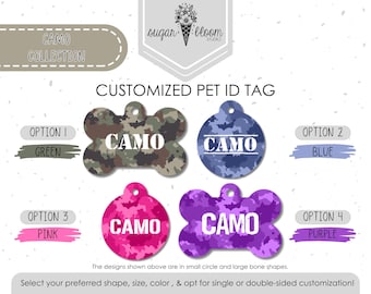 Placa de identificación para perros con estampado de camuflaje, placa de identificación para mascotas con estampado de camuflaje, placa militar para perros, placa de identificación personalizada para perros, identificación personalizada para mascotas, placa de identificación para gatos, verde, rosa y morado, placa de doble cara.