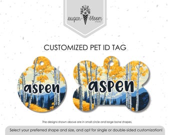 Placa de identificación para mascotas Aspen Tree – Diseño de la naturaleza de las montañas de Colorado, placa personalizada para perro o gato, de metal de doble cara