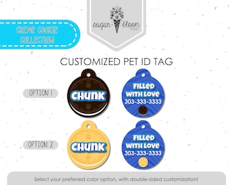 Etiqueta de identificación para mascotas de galleta de chocolate tipo sándwich: etiqueta para perro o gato con postre relleno de crema, diseño de comida adorable, metal personalizado de doble cara.