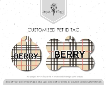 Placa de identificación para mascotas con diseño de cuadros rojos, placa clásica para perros y gatos con estampado Heritage Check, placa personalizada con nombre para mascotas, placa metálica de doble cara.