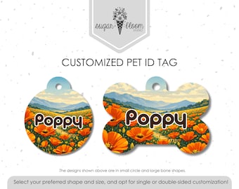 Placa de identificación para mascotas con diseño de amapola de California: placa personalizada para perro o gato, diseño floral natural, placa metálica de doble cara, un accesorio bonito y elegante para mascotas.