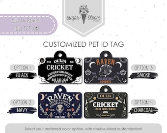 Placa de identificación para mascotas con diseño de tablero espiritual, diseño ocultista de ouija con pentagrama, placa personalizada para perros y gatos, placa gótica mística para mascotas, de metal de doble cara.