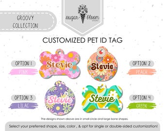 Placa de identificación para mascotas Groovy Daisy Flower Power, placa personalizada retro de los años 60 y 70 para perros, placa de identificación personalizada para gatos, placa metálica de doble cara.