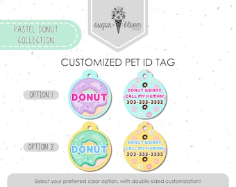 Placa de identificación de dona en morado pastel o verde con chispas, personalizada, con nombre inspirado en postres para perros y gatos.