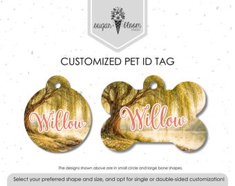 Placa de identificación para mascotas Willow Tree: diseño de paisaje inspirado en la naturaleza, placa personalizada para perro o gato, de metal de doble cara.