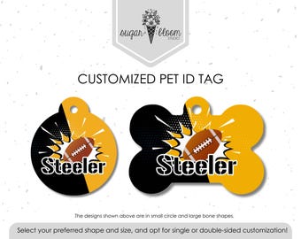 Placa de identificación para mascotas de fútbol americano de Pittsburgh: negra y dorada, para perro o gato, diseño deportivo personalizado, de metal de doble cara, regalo para fanáticos de los Steelers.