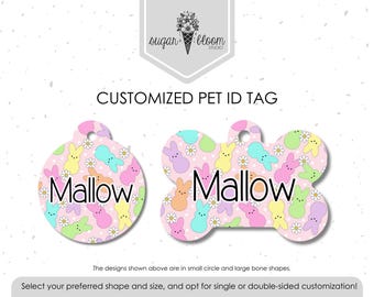 Placa de identificación personalizada para perro con diseño de conejito de malvavisco, placa de identificación para mascotas con diseño de Pascua, placa de identificación personalizada para perros con diseño de primavera, placa de identificación para gatos, placa de metal de doble cara.