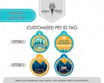 Placa de identificación para mascotas con diseño de bosque de montaña, placa de identificación para mascotas de camping, diseño de árboles al aire libre, placa de identificación personalizada para perro, placa de identificación personalizada para mascota, placa de identificación para gato