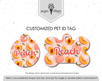 Placa de identificación personalizada para perros con diseño de melocotón, placa de identificación personalizada para mascotas, diseño de fruta de melocotón veraniega, placa de identificación para gatos, metal de doble cara, placa de identificación linda y femenina para mascotas